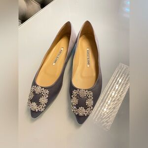 Manolo Blahnik Hangisi Satin Flats – Grey with Crystal Buckle – Size 37
